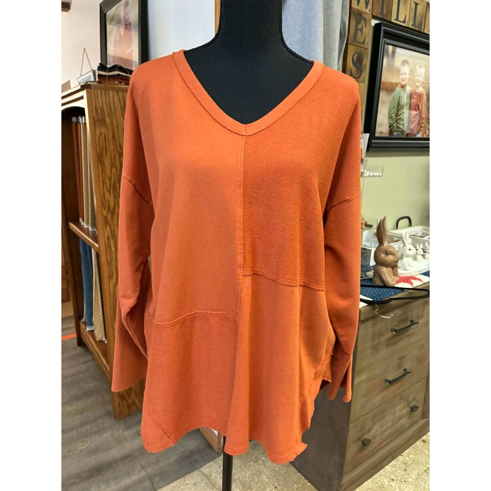 S/M Burnt Orange Patchwork V-Neck Oversized Tunic Top Long Sleeve Mixed Texture